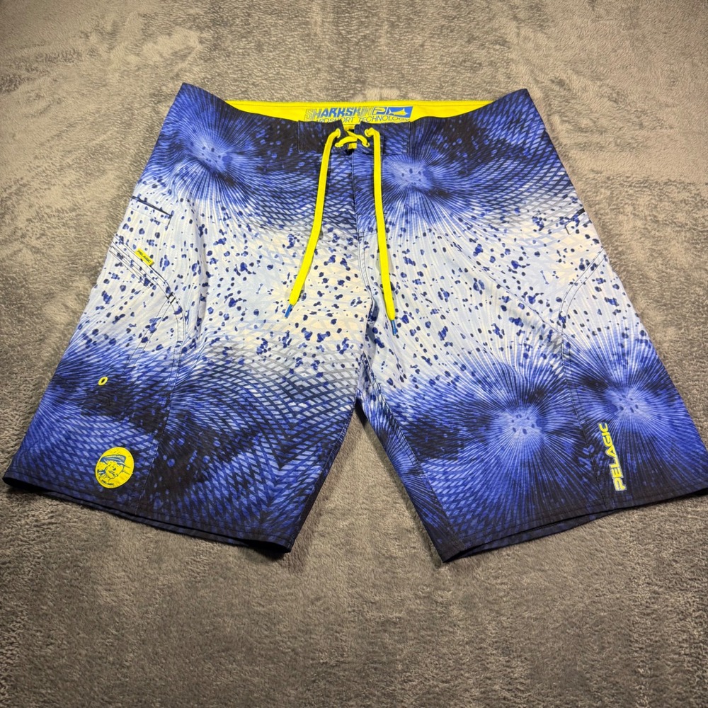 Pelagic Sharkskin Boardshorts Mens 38 Blue White Geometric Fishing Swim Trunks